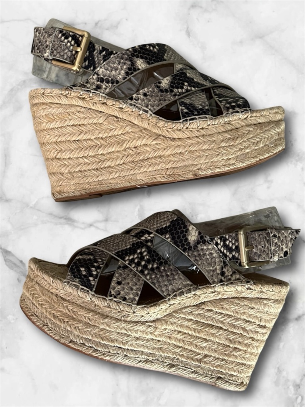 Marc Fisher Platform Espadrille Wedge Leather Snakeskin Sandals Size 6 - Picture 7 of 14